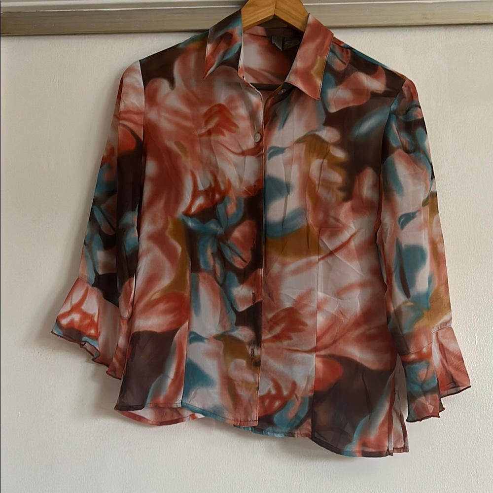 Brown and Orange Button Down Blouse with Cuffed Sleeves and Notched Collar